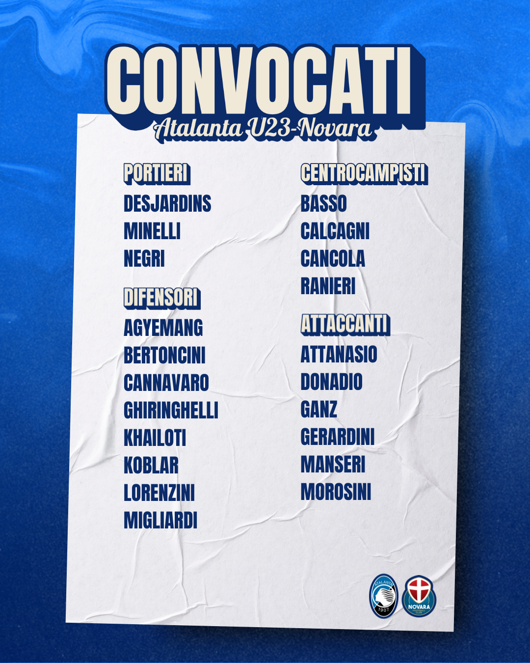 Read more about the article Atalanta U23-Novara: i convocati azzurri