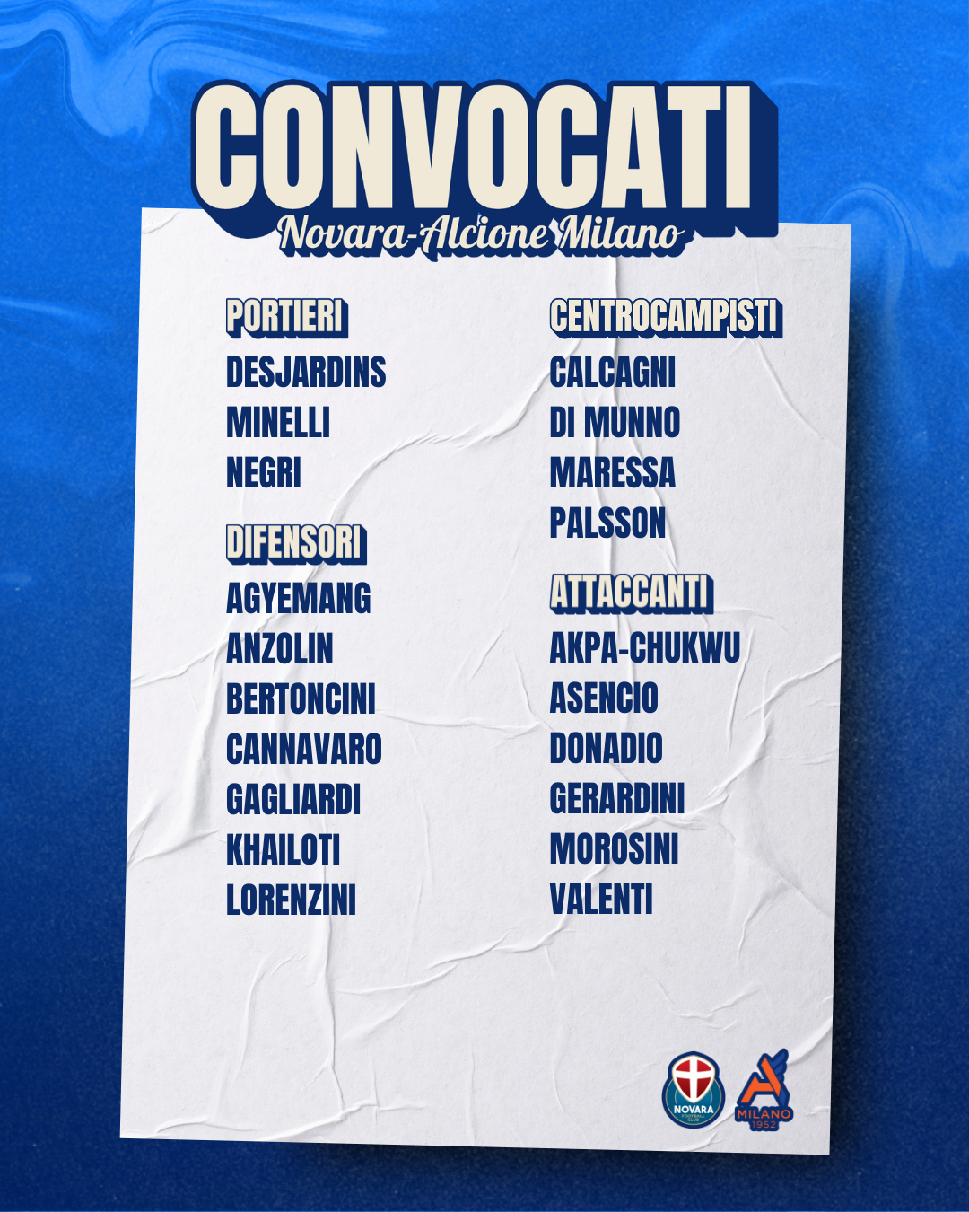Read more about the article Novara-Alcione Milano: i convocati azzurri