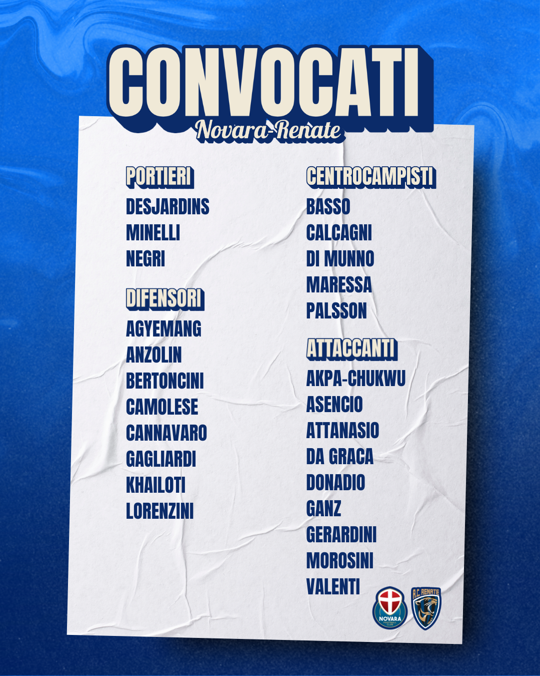 Read more about the article Novara-Renate: i convocati azzurri