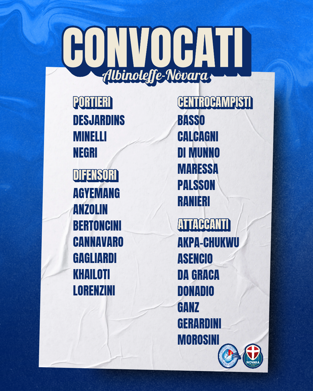 Read more about the article Albinoleffe-Novara: i convocati azzurri