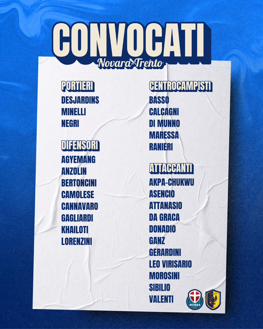 Read more about the article Novara-Trento: i convocati azzurri