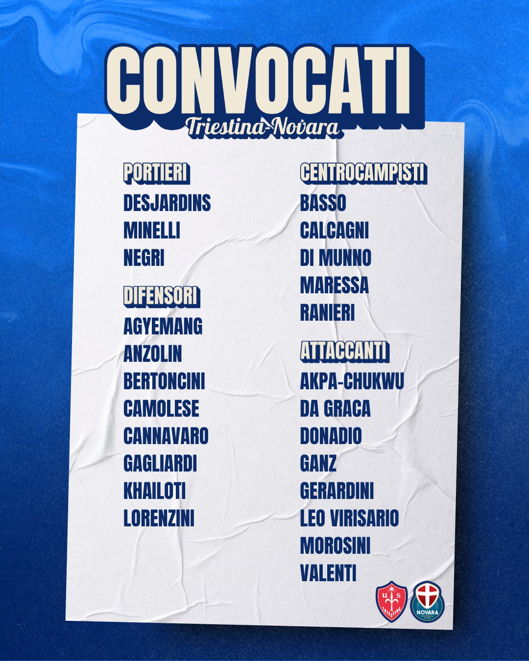 Read more about the article Triestina-Novara: i convocati azzurri